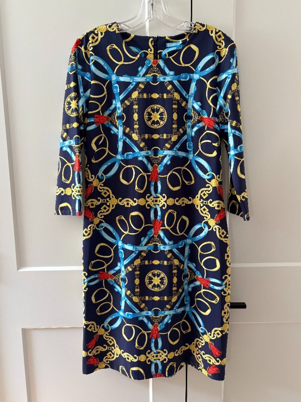 NWT 🌟 J. MCLAUGHLIN 🌟 SCARF PRINT SOPHIA CATALINA CLOTH KNIT DRESS NAVY SZ M